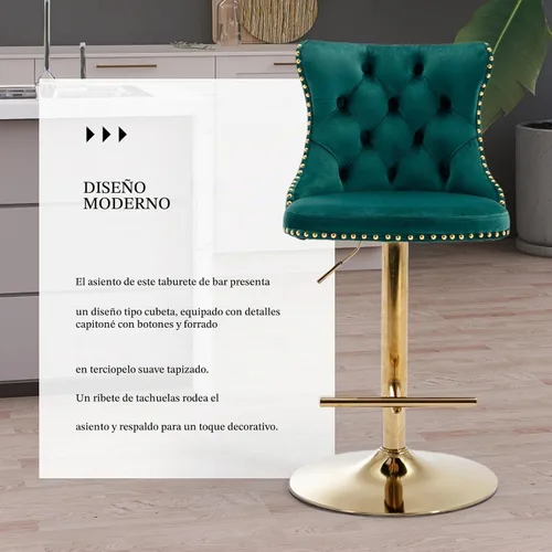 Vista 7 de SoarFlash Juego de 2 taburetes de bar de terciopelo giratorios ajustables con patas de metal chapado en oro, capitoné con botones, reposapiés