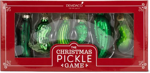 Vista 3 de DEMDACO Pickle Festive Green 4 x 2 Vidrio Decoración Colgante Adornos Juego Glass Ornaments, Set of Six Pickles, Hide-and-Seek Christmas Game