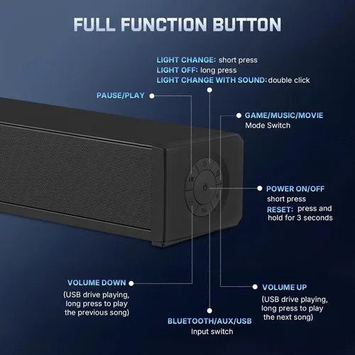 Vista 6 de Altavoces de computadora 2.1 para PC de escritorio, barra de sonido de computadora Bluetooth 5.3 con sonido de alta fidelidad, 7 modos de luz RGB
