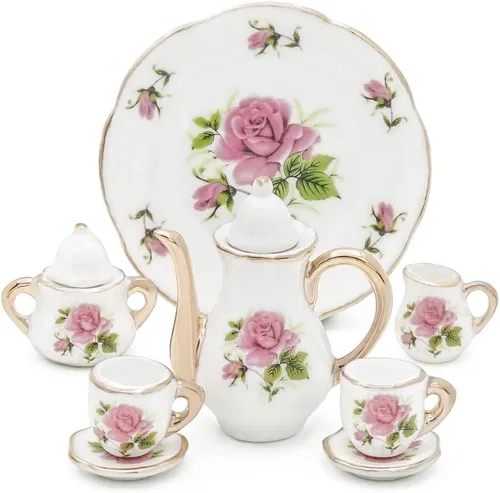 Vista 10 de Odoria Juego de té de porcelana en miniatura 1/6, 8 piezas, accesorios de decoración de casa de muñecas, rosa roja Multicolor