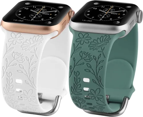 Vista 13 de Paquete de 2 correas deportivas grabadas con flores compatibles con correas de Apple Watch de 1.496 pulgadas, 1.575 pulgadas, 1.614 pulgadas