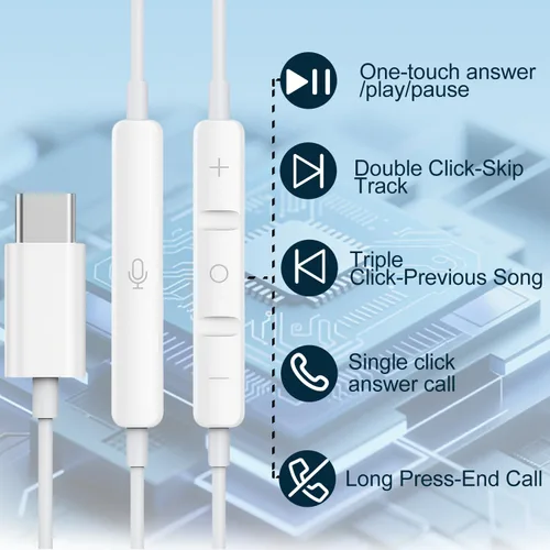Vista 4 de 1 paquete de auriculares USB C para iPhone 17/16/15 Pro Max, auriculares tipo C con cable con micrófono y control remoto, cancelación de ruido