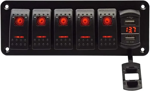 Vista 7 de Panel de 5 interruptores basculantes de aluminio EAYBOMC con cargador rápido de 4.8 amperios estilo basculante USB dual con voltímetro LED