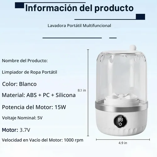 Vista 7 de Mini lavadora portátil, color blanco, capacidad de 2 litros, control táctil digital, diseño compacto para ropa interior y prendas delicadas