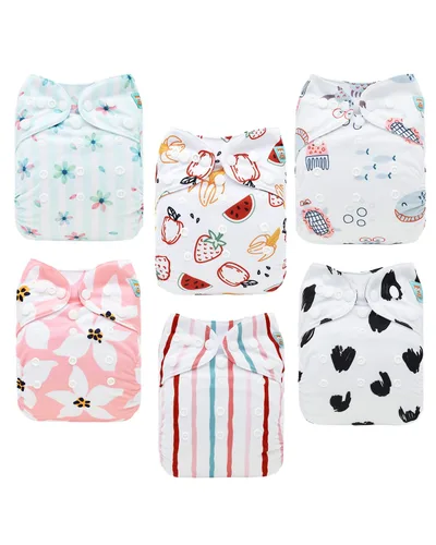Vista 28 de ALVABABY Pañales de tela para bebé, talla única, ajustable, lavable, reutilizable para bebés y niños, paquete de 6 con 12 inserciones 6BM101