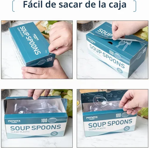 Vista 5 de Cucharas de sopa de plástico, cubiertos transparentes pesados, utensilios desechables para suministros de fiesta, paquete de 100