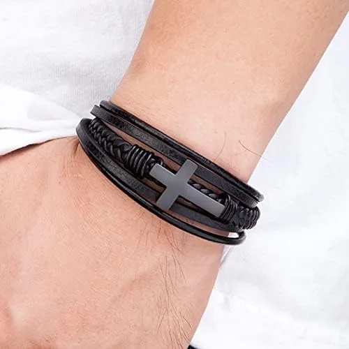 Vista 2 de ZNDIJE Stainless Steel Braided Leather Bracelet for Men Cuff Bangle Cross Magnetic Clasp