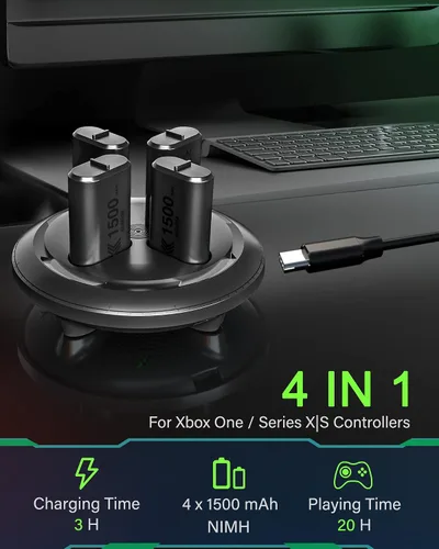 Vista 2 de Noiposi Paquete de baterías recargables para Xbox One paquete de 4 baterías recargables de 1500 mAh Xbox One paquete de baterías con cargador