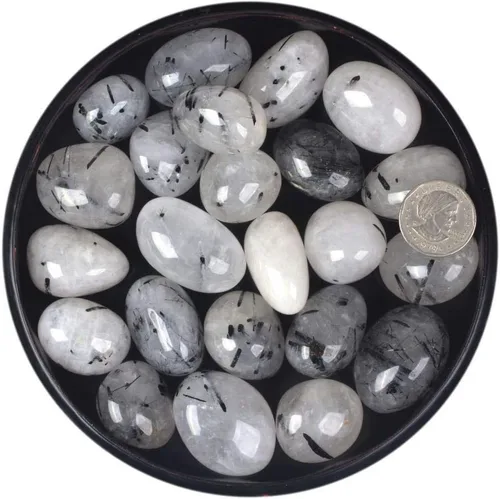 Vista 2 de Piedras de bolsillo curativas de cristal natural pulido de cuarzo rutilado negro grande de 12 libra, colección Rock