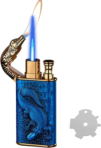 Vista 12 de Encendedor de antorcha, diseño de cocodrilo en relieve, encendedor mágico de doble llama con herramienta de llama de ajuste, encendedores de butano
