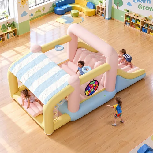 Vista 10 de Albott Inflatable Bounce House Obstacle Course with Blower, for Kids 3-10 Azul océano y verde