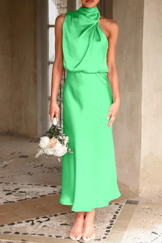 Vista 5 de PRETTYGARDEN Vestido de satén de verano 2023 para mujer, elegante, sin mangas, con cuello alto falso, para cóctel, fiesta, maxi vestidos
