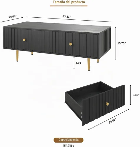 Vista 2 de HedoAjim Mesa de centro moderna con almacenamiento con 2 cajones grandes, mesa auxiliar rectangular negra para sala de estar, mesa de té acanalada