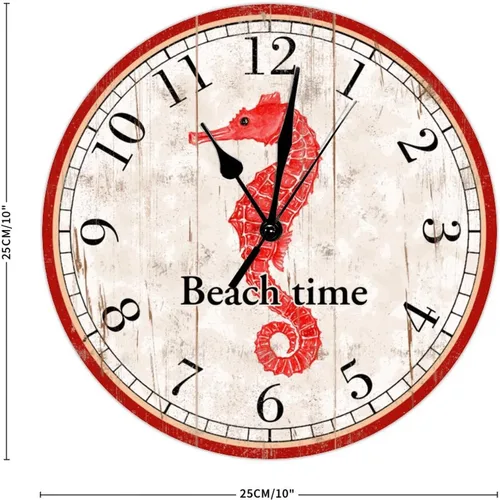 Vista 2 de Reloj de pared decorativo de madera con caballito de mar rojo, reloj de pared de madera de caballito de mar de playa, reloj de pared de cuarzo