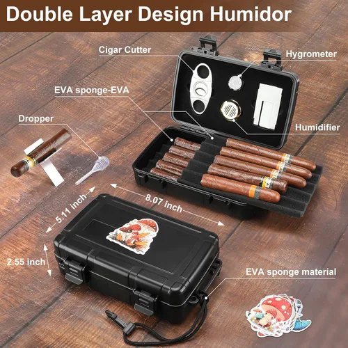 Vista 4 de Estuche para cigarros de viaje con capacidad para 10 puros, humidor de cigarros portátil incluye cortador de puros, humidificador, higrómetro, juego