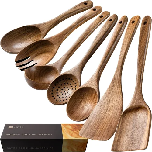 Vista 12 de cucharas de madera para cocinar, juego de utensilios de cocina antiadherentes con 10 piezas de espátulas y cucharas de madera de acacia