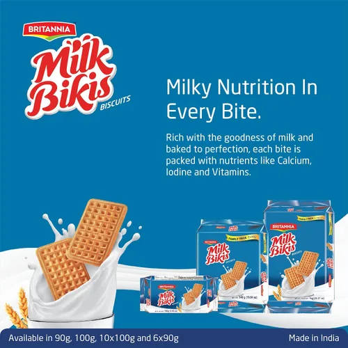 Vista 3 de BRITANNIA Milk Bikis Biscuits 3.17oz (90g) – Bocadillos favoritos para el desayuno y la hora del té de los niños (paquete de 6)