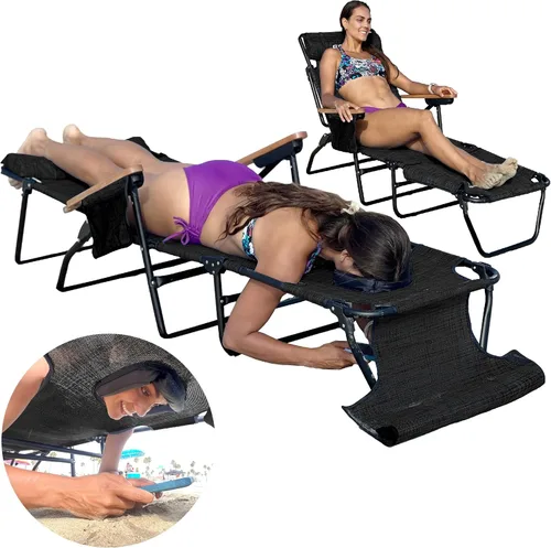 Vista 9 de EASYGO PRODUCTS Silla de césped, tumbona, 2 patas, soporte de material de poliéster, respaldo reclinable, almohada ideal para playa, hogar, patio
