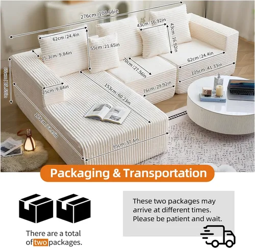 Vista 5 de Sofá modular de pana moderno con diván, tela acanalada negra, sofá de sala de estar en forma de L (beige, sillón orientado a la izquierda)