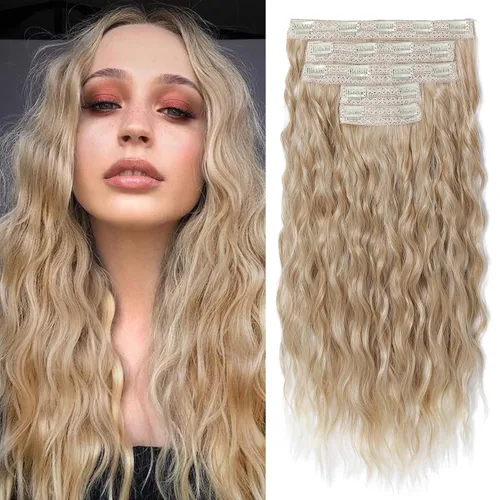 Vista 13 de REECHO Extensiones de cabello con clip, 5 piezas, de 24 pulgadas, de color rubio ceniza, extensiones de cabello con ondas largas y sueltas, HE002