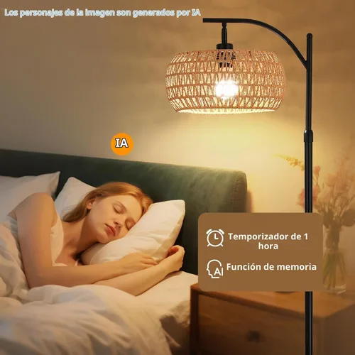 Vista 6 de Lámpara de pie bohemia con estante de madera, bombilla inteligente regulable de 9 W incluida, lámpara de pie con control remoto con mesa, lámpara