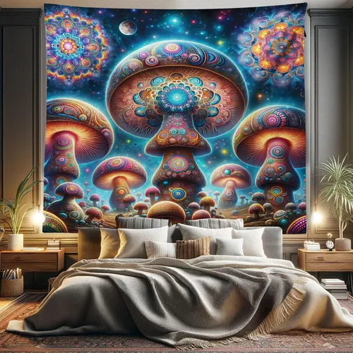 Vista 68 de Ambesonne Tapiz de hongos, atmósfera psicodélica, escena astral estrellada con motivos orientales trippy, decoración de tela para colgar en la pared