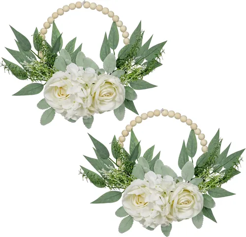 Vista 10 de Coronas artificiales de eucalipto con cuentas de madera para puerta delantera, coronas de hojas de eucalipto de 10 pulgadas, decoración de primavera