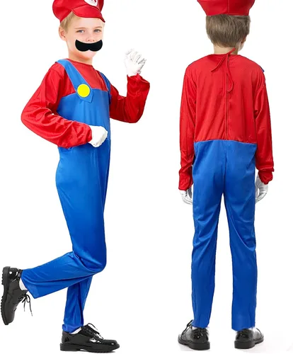 Vista 2 de Super Brothers Costume for Kids Halloween Plumber Cosplay Jumpsuit with Hat Mustache Gloves