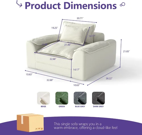 Vista 2 de Hobestluk Cloud - Sofá individual de espuma viscoelástica con asiento profundo, sofá en forma de L con funda extraíble, sofá grande para sala