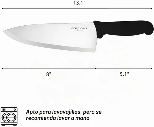 Vista 7 de Cuchillo de chef japonés de acero inoxidable de alto carbono de 8 pulgadas, cuchillo de cocina profesional extra afilado y ancho con mango