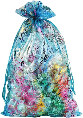 Vista 9 de Zwish Paquete de 50 bolsas de regalo de organza de 8 x 12 pulgadas, estilo azul coral para juguetes, dulces, chocolate, fiesta, Navidad, regalo