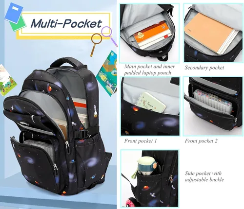 Vista 4 de Mochila escolar con ruedas con estampado de galaxias para niños de primaria, 3pcs-a-galaxy-6 ruedas-negro, Moderno