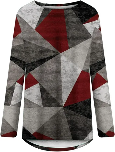 Vista 4 de Camisetas de manga larga para mujer, estilo casual, con bloques de color, cuello redondo, holgadas, cómodas, holgadas, blusas largas