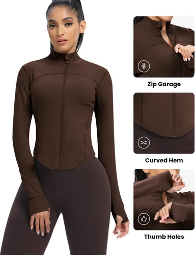 Vista 42 de AVGO Chaquetas de entrenamiento recortadas para mujer, con cremallera, ajustadas, atléticas, con agujeros para el pulgar