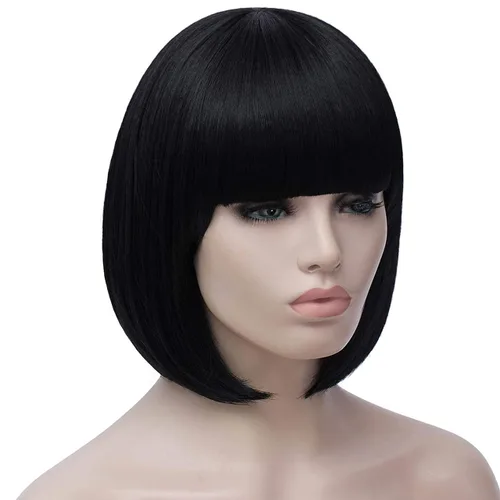 Vista 3 de Peluca de pelo corto Bob con flequillo recto sintético peluca natural como pelo real 12 pulgadas Natural Fashion Synthetic Wig, Cute Colored Wigs
