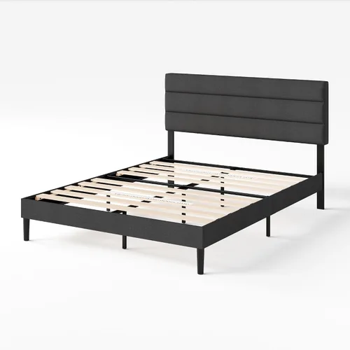 Vista 10 de Zinus Cama de plataforma tapizada Full Piper con cabecera con paneles horizontales, soporte de listones de madera, no necesita somier, fácil