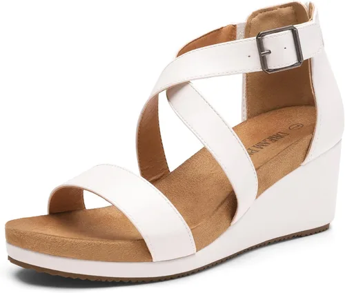 Vista 11 de Dream Pairs - Sandalias con plataforma de cuña para mujer, con punta abierta y correa para el tobillo con hebilla, para el verano Beige