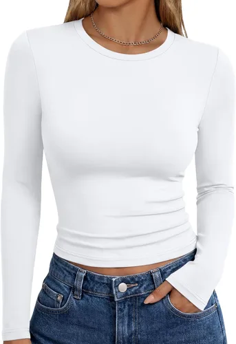 Vista 46 de Trendy Queen Camisetas de manga larga para mujer, camisetas básicas de Verde militar