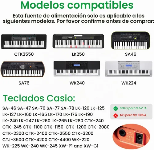 Vista 2 de Adaptador de corriente para teclado Casio de 9.5 V CC - Compatible con teclados Casio: ADE95100LU, LK-135, WK-225, CTK-2500, CTK-2400, CTK-2550