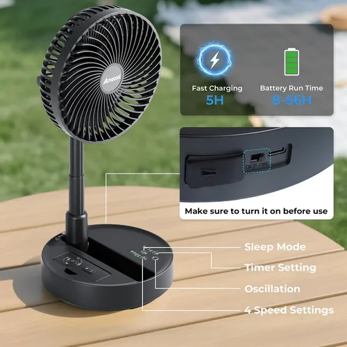 Vista 6 de AMACOOL Ventilador oscilante plegable de 8 pulgadas, funciona con batería de 10000 mAh con control remoto y temporizador, ventilador de pie portátil