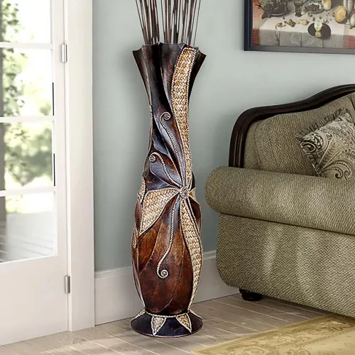 Vista 4 de Jarrón alto de suelo de 24 pulgadas, diseño hecho a mano, grandes jarrones decorativos de madera marrón con tiras de bambú tejidas, jarrón