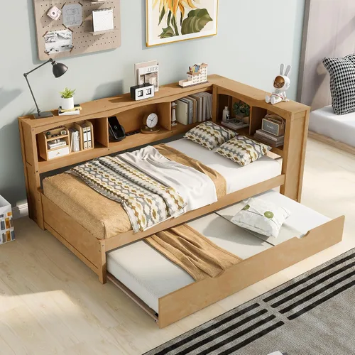 Vista 31 de Sofá cama de madera de tamaño matrimonial con 2 armarios de noche, estantes superiores y 4 cajones, marco de madera resistente, espacio de Marrón