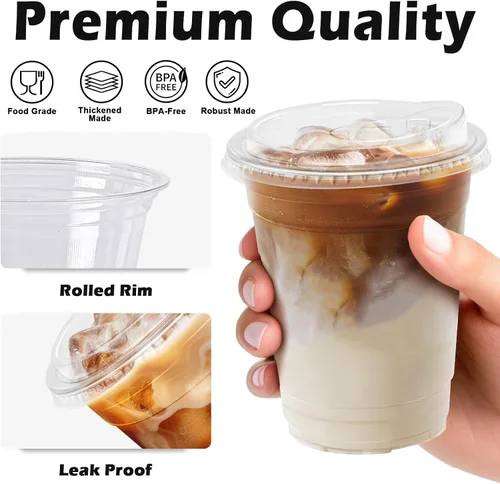 Vista 4 de Clawsoff Paquete de 50 vasos de plástico transparente de 12 onzas con tapas, tazas de café helado resistentes con tapas para sorbos, vasos
