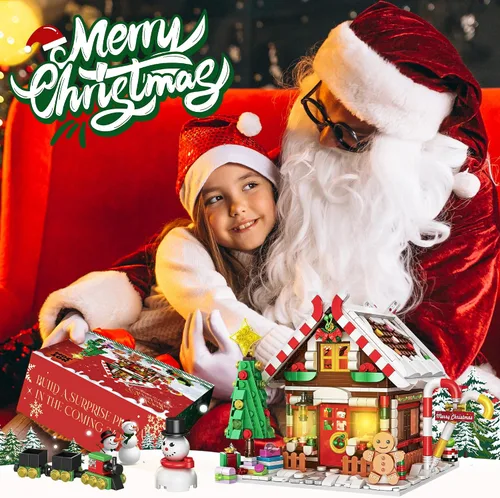 Vista 7 de Edificio de casa de pan de jengibre de Navidad, juego de construcción de casa de pueblo navideño, contiene árbol de Navidad y tren, juguete