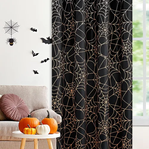 Vista 8 de Cortinas opacas de Halloween para sala de estar y dormitorio, cortina de ventana de tela de araña de 63 pulgadas de largo, 2 paneles de cortinas