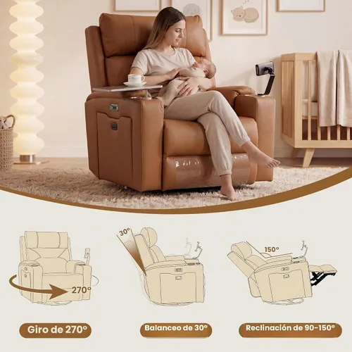 Vista 3 de Sillón reclinable giratorio eléctrico con reposacabezas y lumbar ajustables Marrón