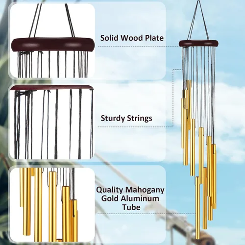 Vista 3 de 6 carillones de viento conmemorativos de tono profundo con 6 tubos de aluminio, tubos de aluminio dorado, melodía calmante para jardín, patio