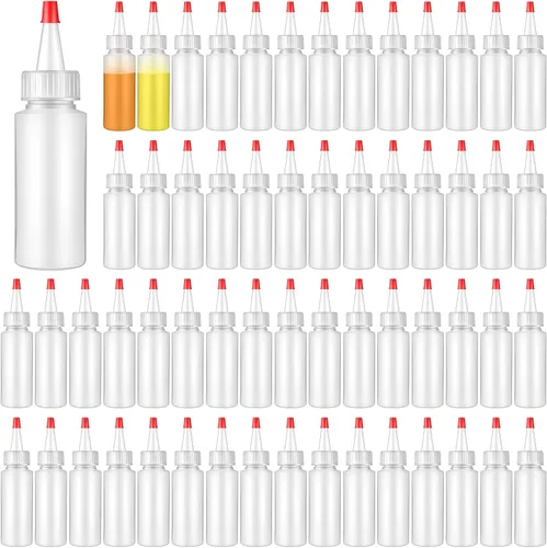 Vista 8 de Xinnun 80 botellas de plástico de 4 onzas para condimentos con tapas de punta roja, botella dispensadora redonda vacía recargable para líquidos
