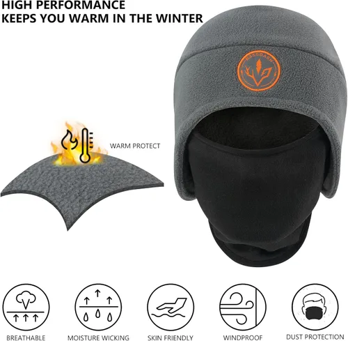 Vista 5 de BASSDASH Gorro de forro polar suave 2 en 1 con máscara de esquí, orejera, pesca en hielo, gorro de caza para hombres y mujeres, clima frío invierno