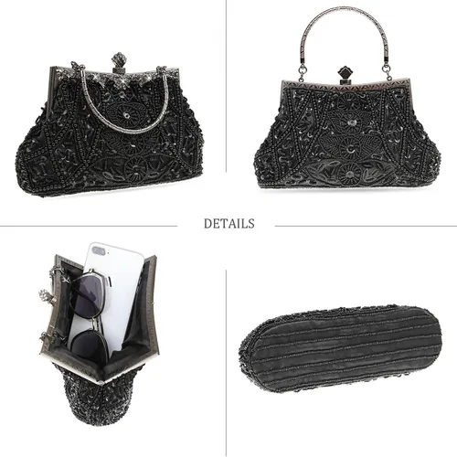 Vista 3 de DA BODAN Bolso de noche para mujer, estilo vintage, con cuentas y lentejuelas y perlas, bolso de hombro para boda, novia, fiesta de graduación